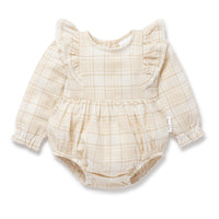 Beige Plaid Bubble Ruffle Flannel Romper