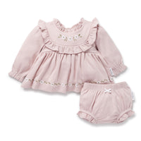 Pink Floral Girls Embroidered Ruffle Dress & Bloomer Set