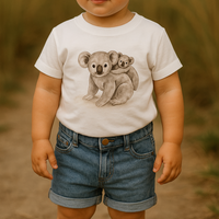 Child wearing a white t-shirt with a koala design and blue shorts outdoors.