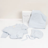 Aster & Oak Organic Heirloom Knitted 4 Piece Baby Gift Set Blue