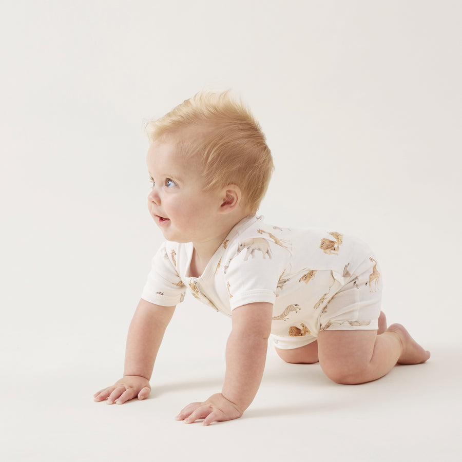 Baby Boys Animal White Cotton Savanna Zip Romper