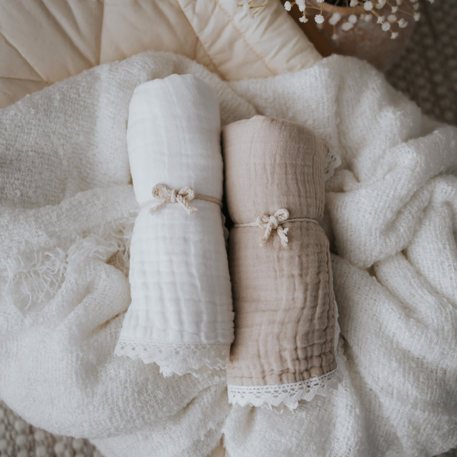 Pretty White Muslin Lace Blanket Swaddle Photography Prop
