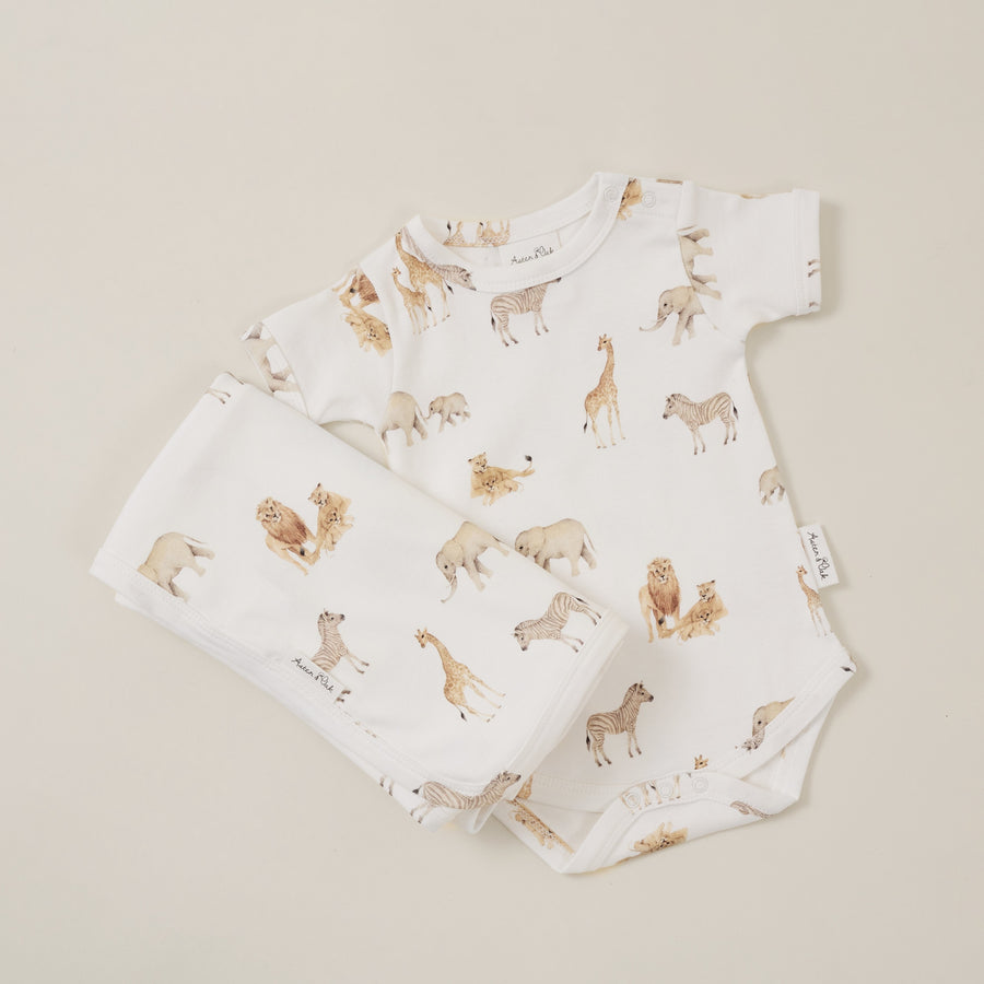 Baby Boys Animal Safari Savanna AOP Onesie Bodysuit Flatlay