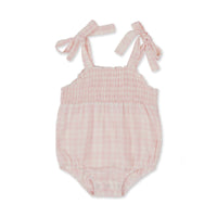 Baby Girls Pink Gingham Bubble Romper Tie Straps Summer