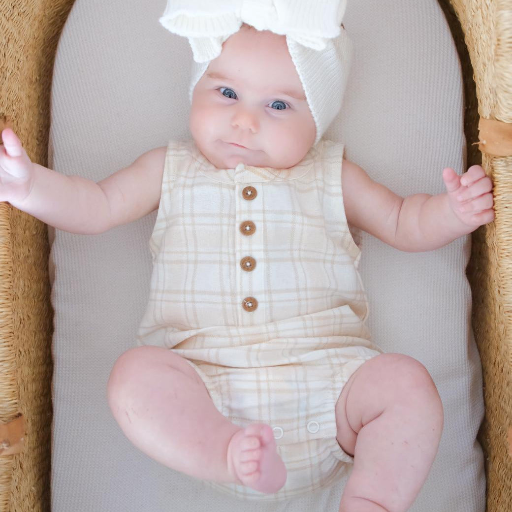 Beige Plaid Flannel Bubble Romper