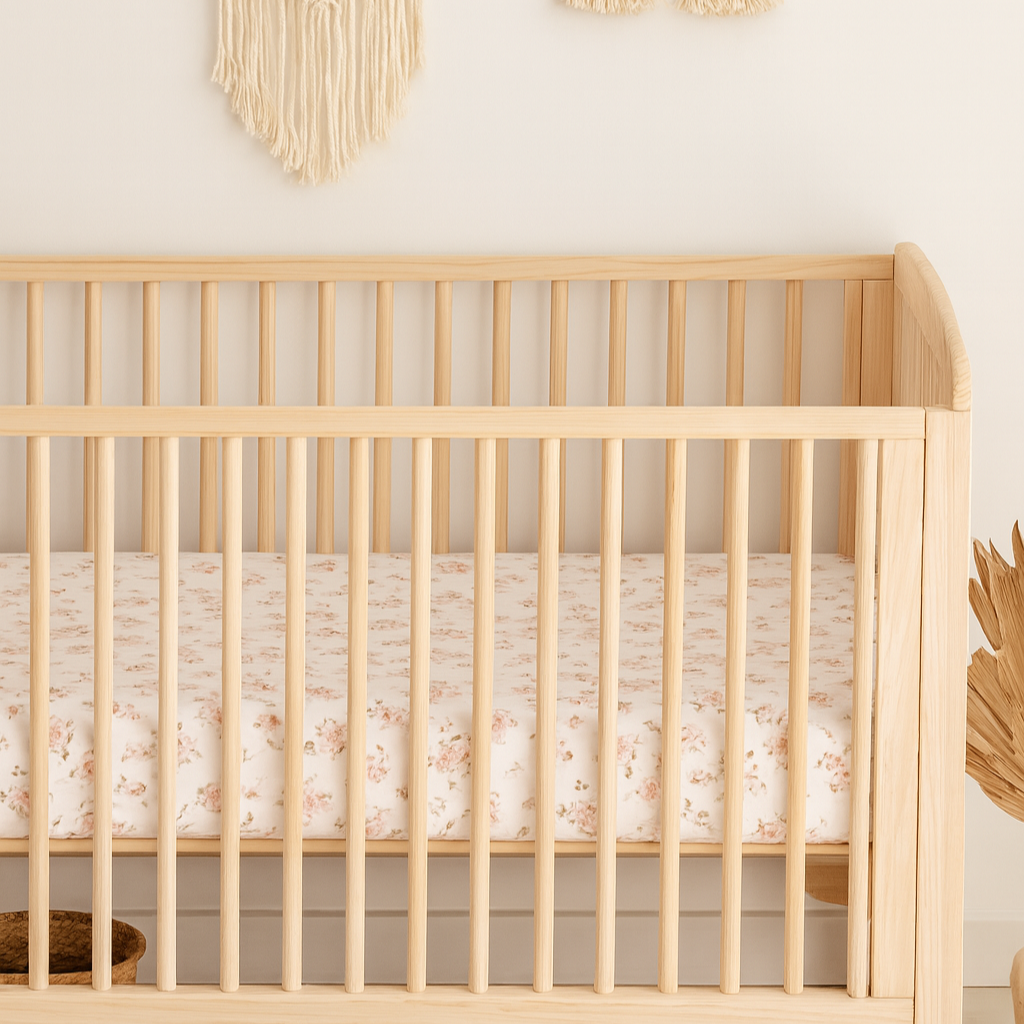 Nursery room with a wooden crib, macrame wall hanging, and decorative arch.