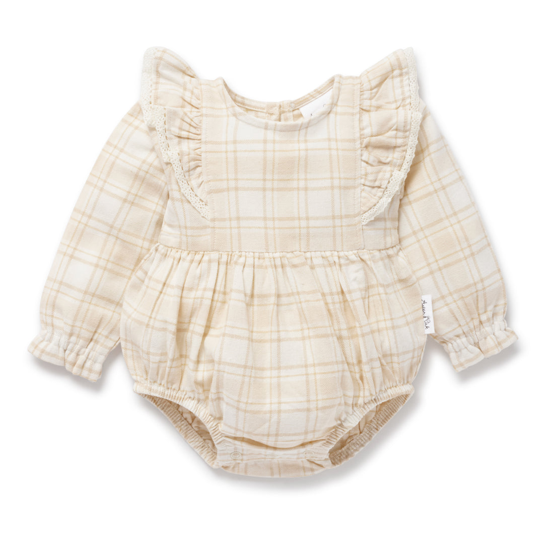 Beige Plaid Bubble Ruffle Flannel Romper