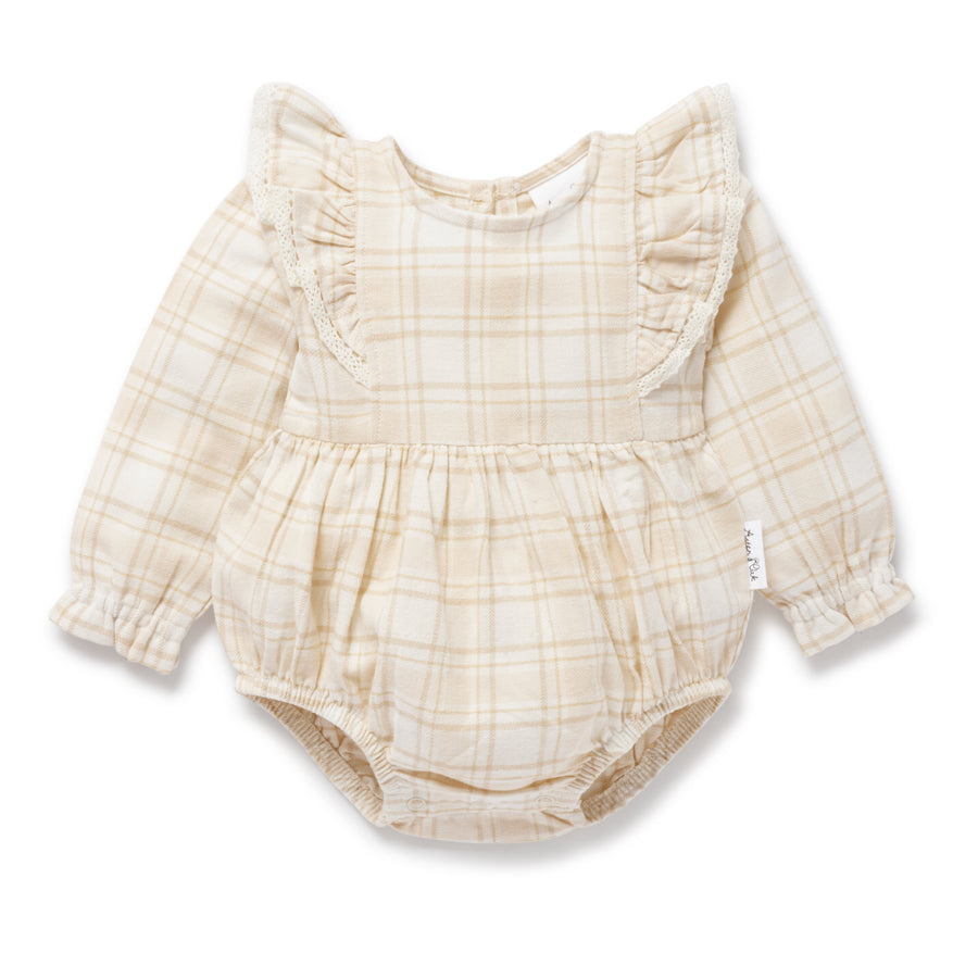 Beige Plaid Bubble Ruffle Flannel Romper