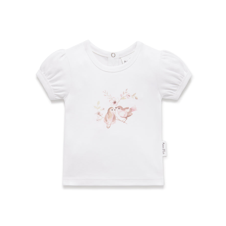 Organic Cotton White Blossom Print Puff Sleeve Girls Top