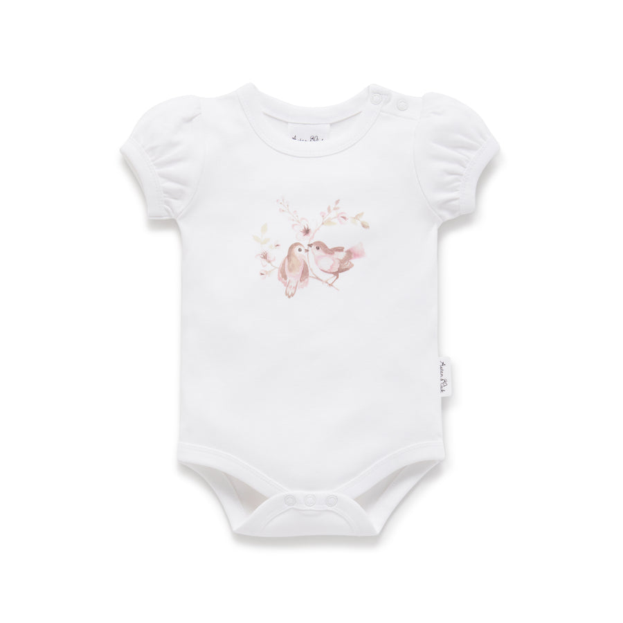 Organic Cotton Girls White Floral Blossom Print Puff Onesie Bodysuit