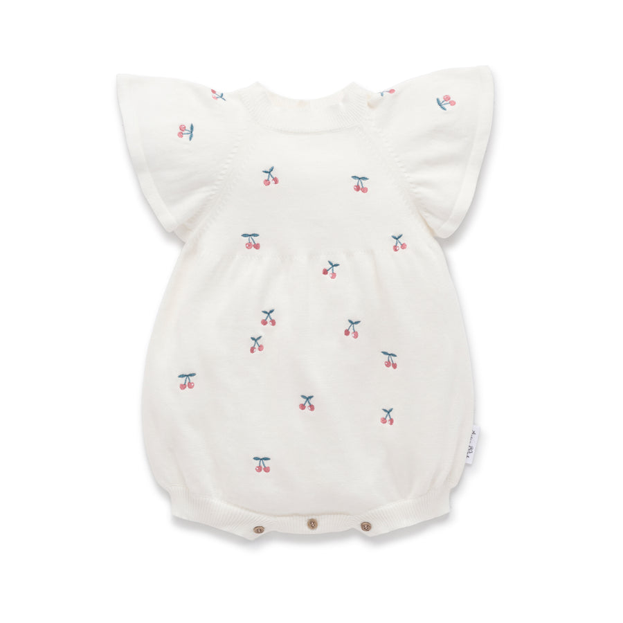 Cherry Embroidered Knit Romper