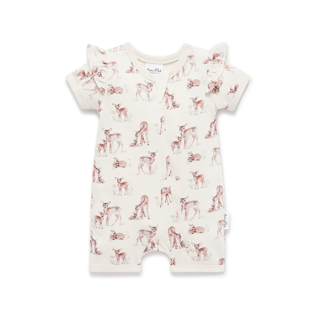 Aster & Oak Summer Short Deer Fawn Meadow Zip Romper