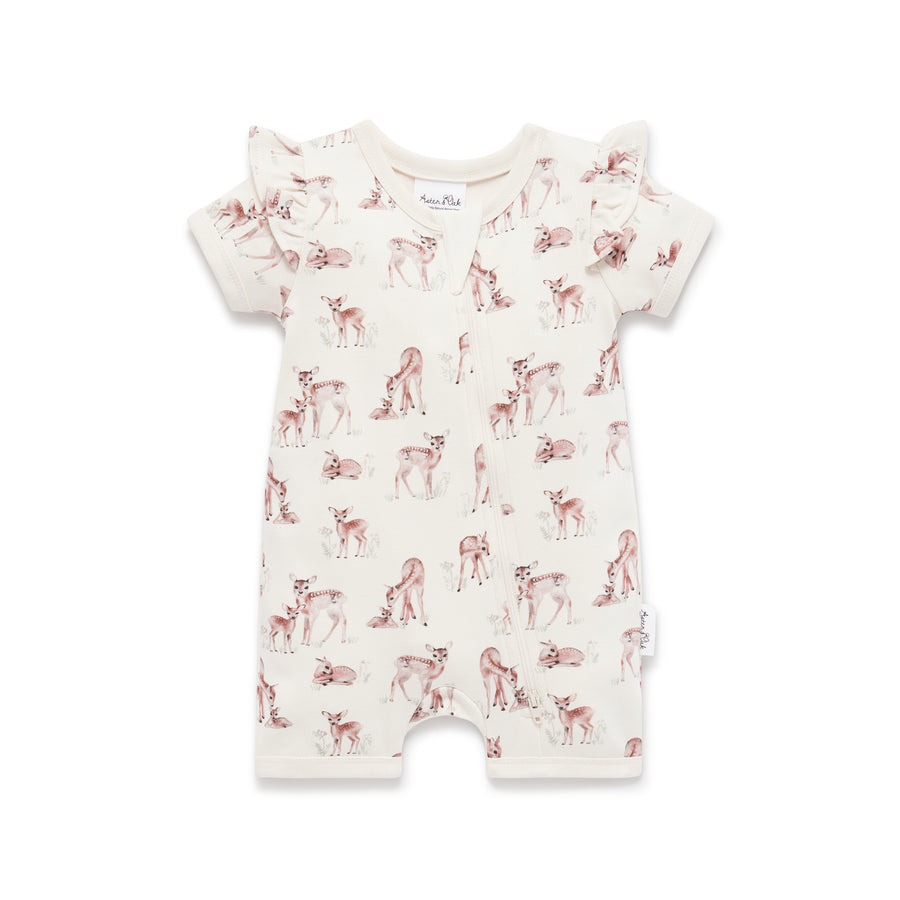 Aster & Oak Summer Short Deer Fawn Meadow Zip Romper