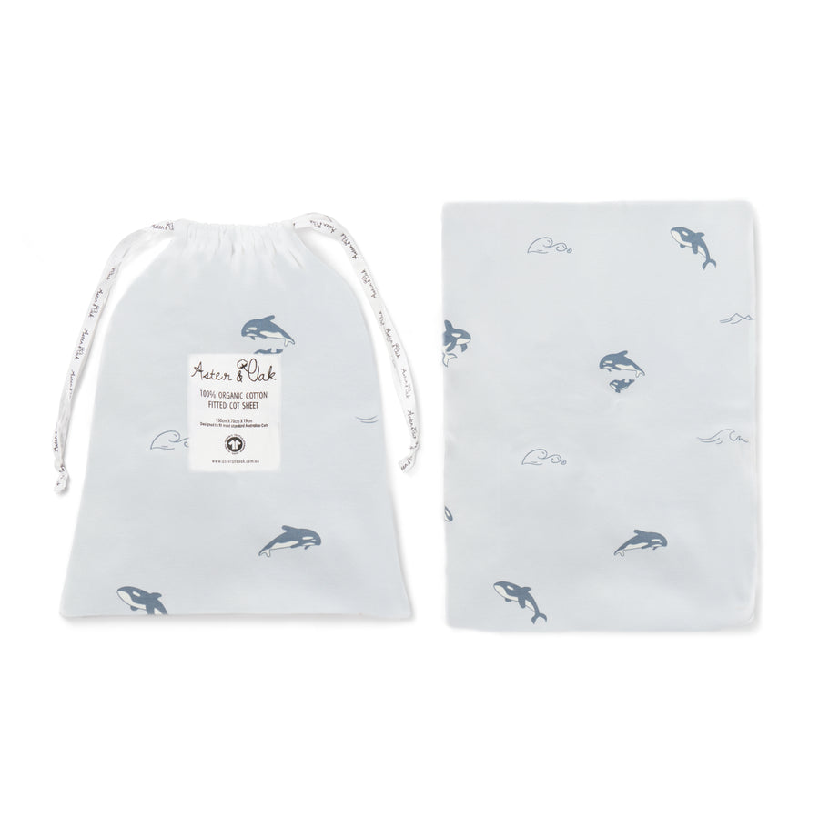 Organic Cotton Newborn Baby Orca Blue Cot Sheet