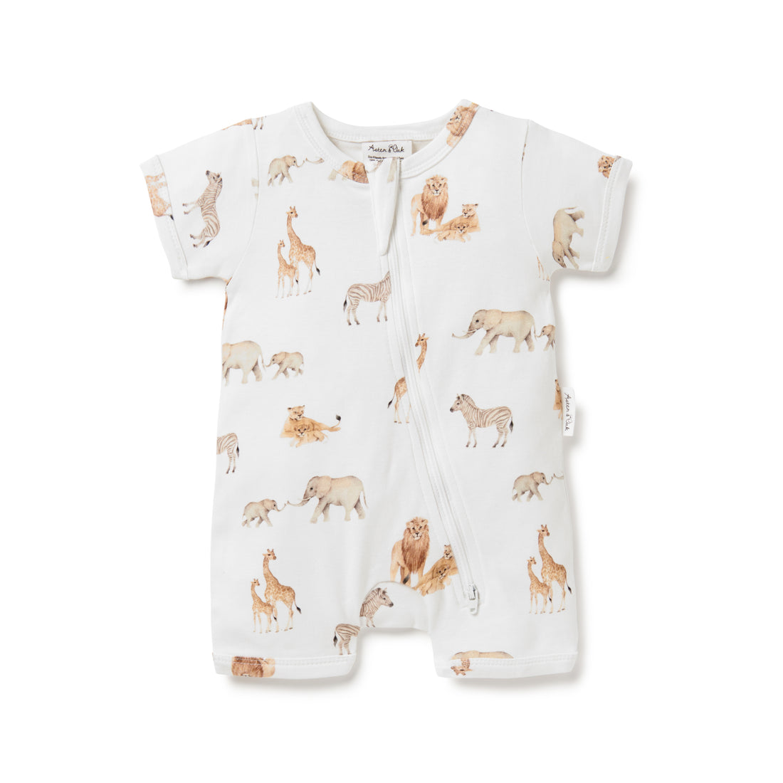 Baby Boys Animal White Cotton Savanna Zip Romper