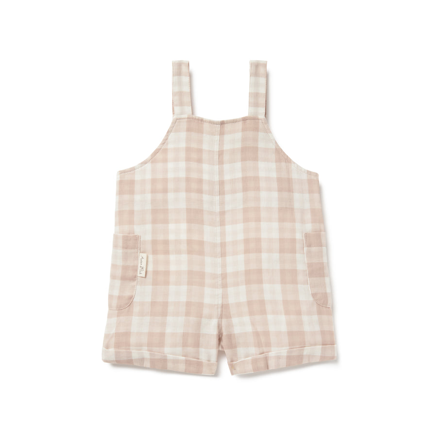 Baby Boys Checkered Taupe Gingham Muslin Overalls