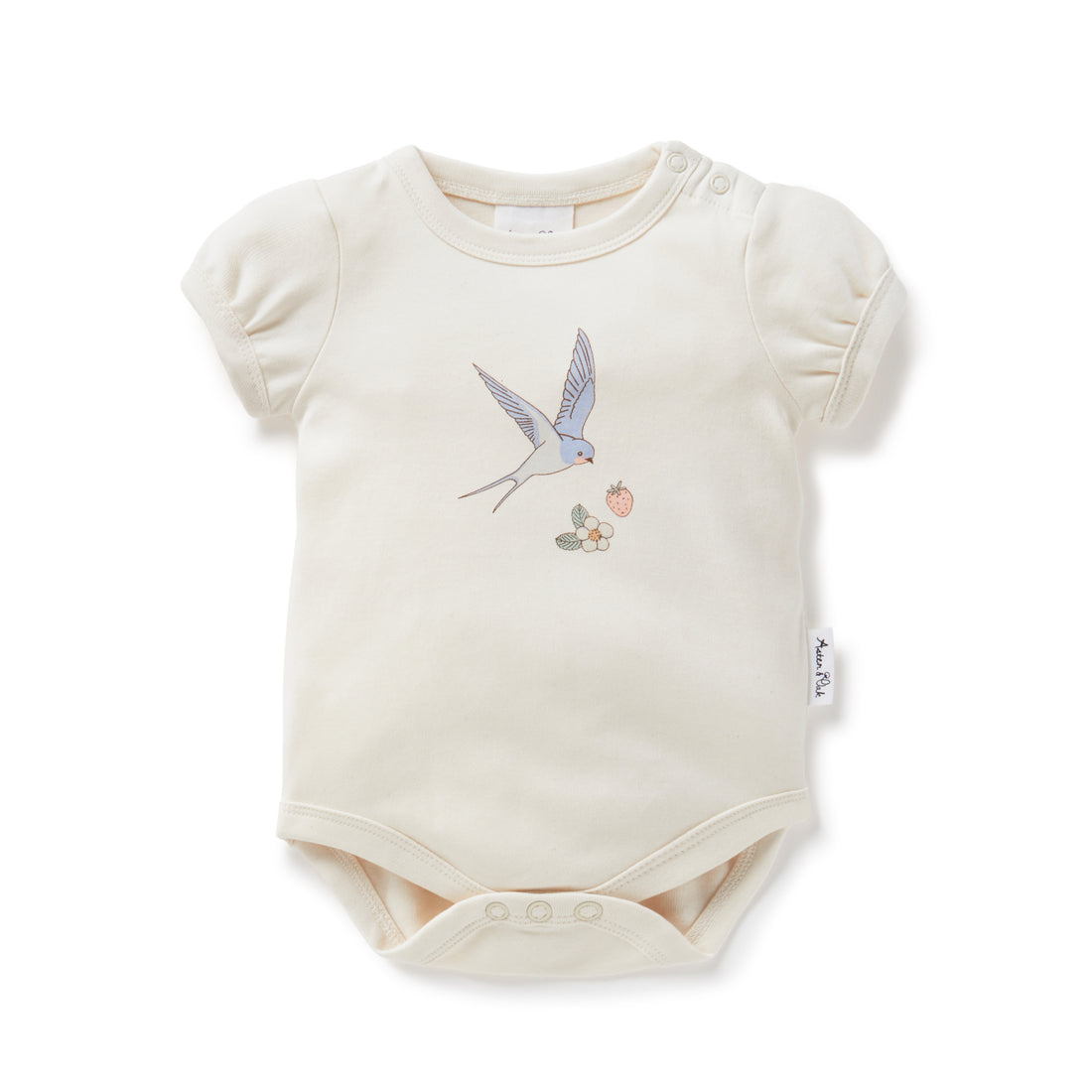 Baby Girls Bird Swallow Print Onesie Natural Puff Sleeves