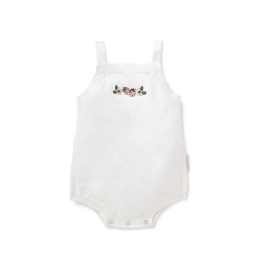 Baby Girls Strawberry White Pointelle Knitted Romper Bodysuit