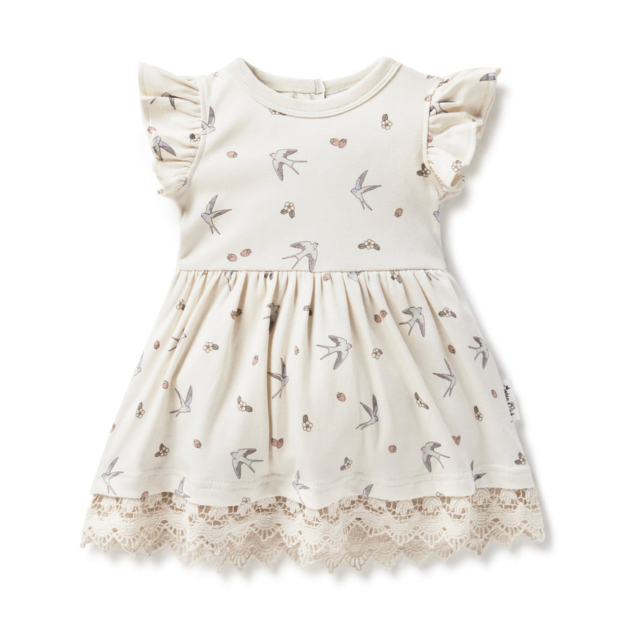 Baby Girls Bird Swallow Lace Ruffle Dress Party Natural