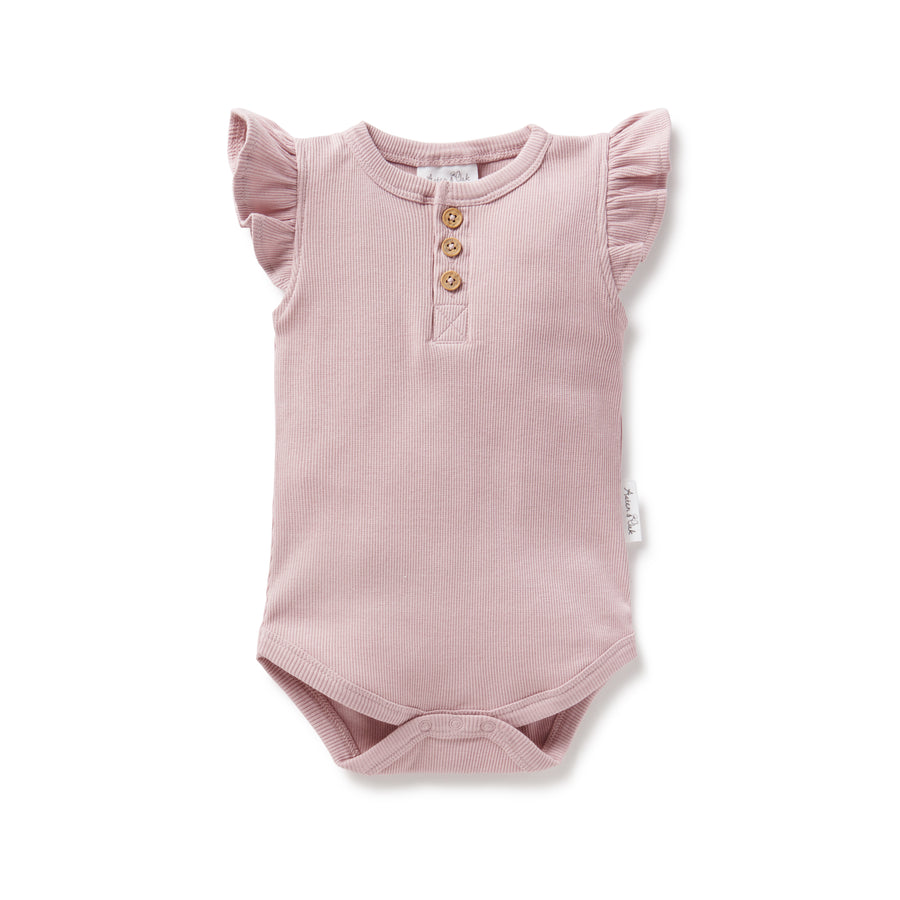 Baby Girls Mauve Flutter Ribbed Onesie Dawn Pink Rib Bodysuit