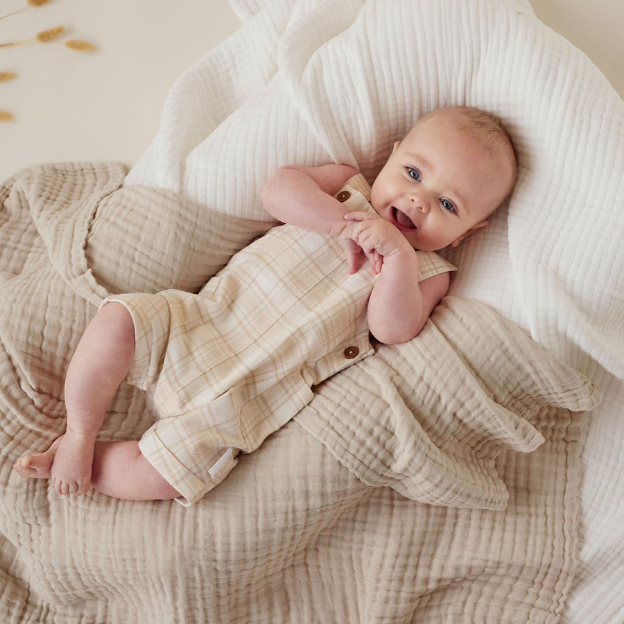 Beige Plaid Flannel Overalls