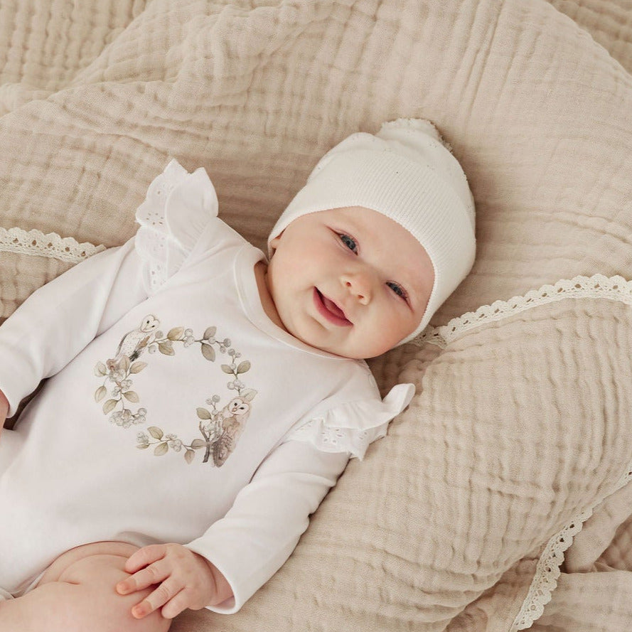White Pointelle Knit Beanie
