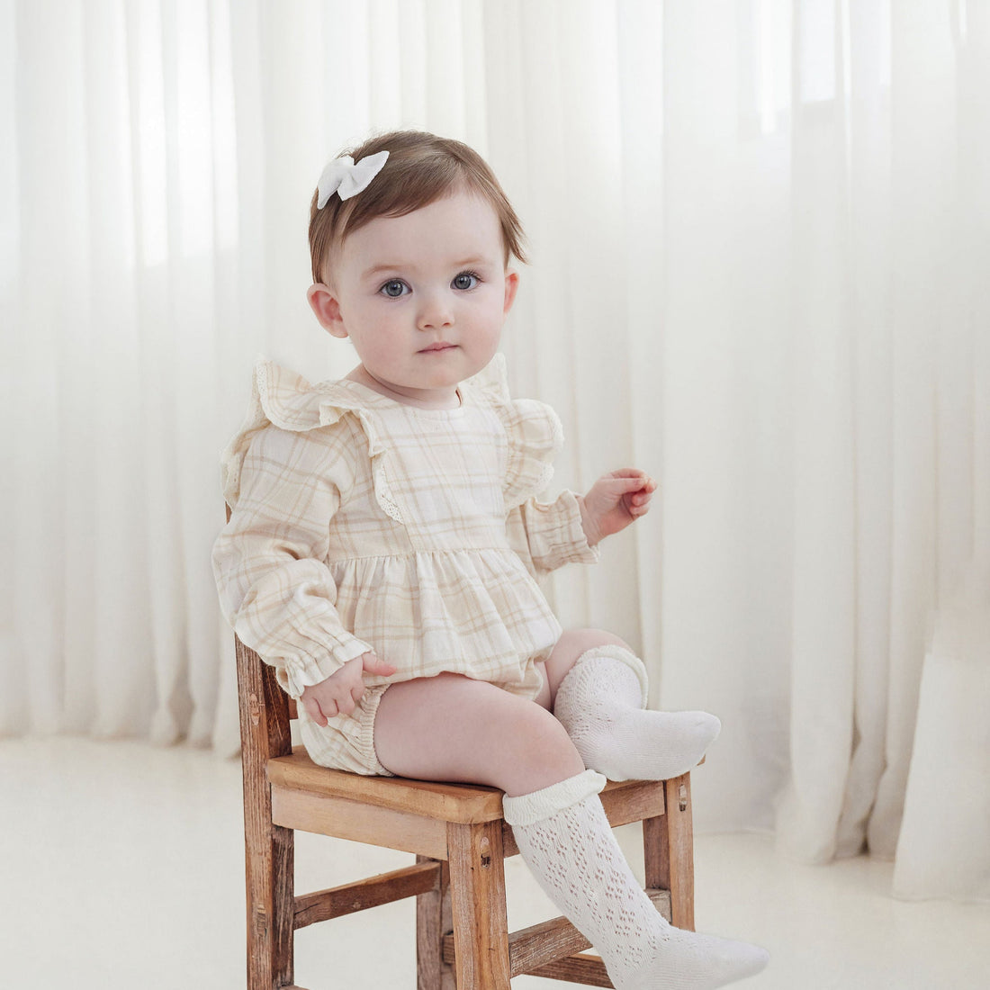 Beige Plaid Bubble Ruffle Flannel Romper