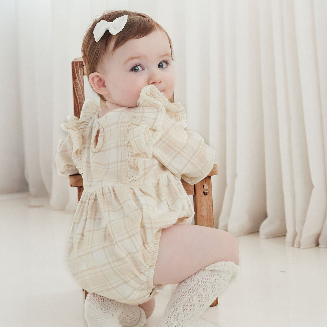 Beige Plaid Bubble Ruffle Flannel Romper