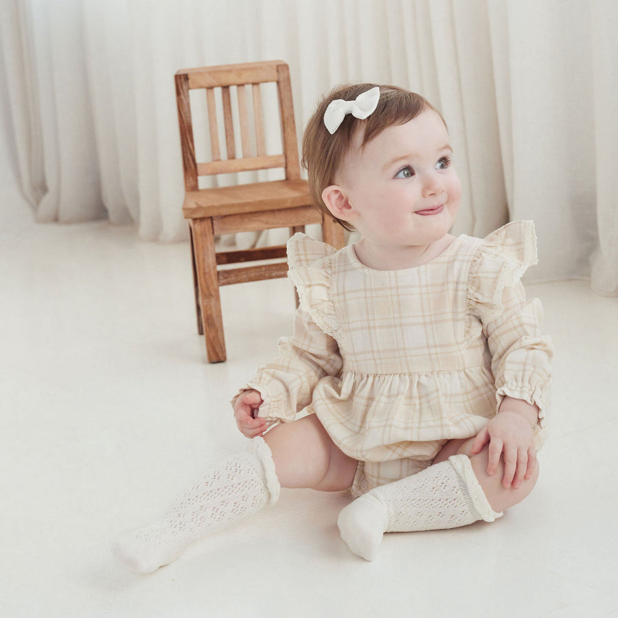 Beige Plaid Bubble Ruffle Flannel Romper