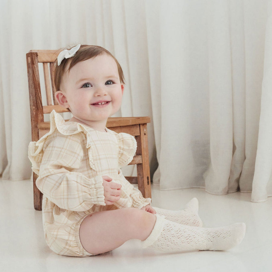 Beige Plaid Bubble Ruffle Flannel Romper