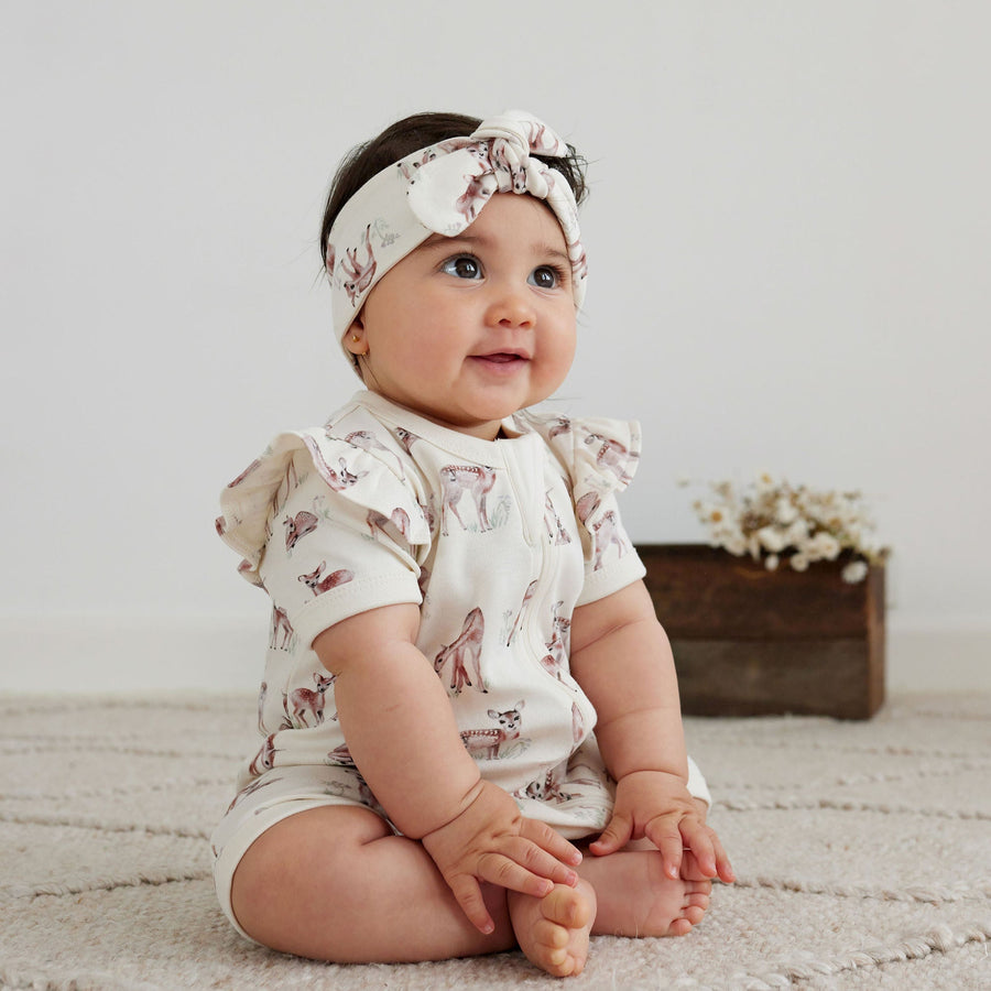 Aster & Oak Summer Short Deer Fawn Meadow Zip Romper