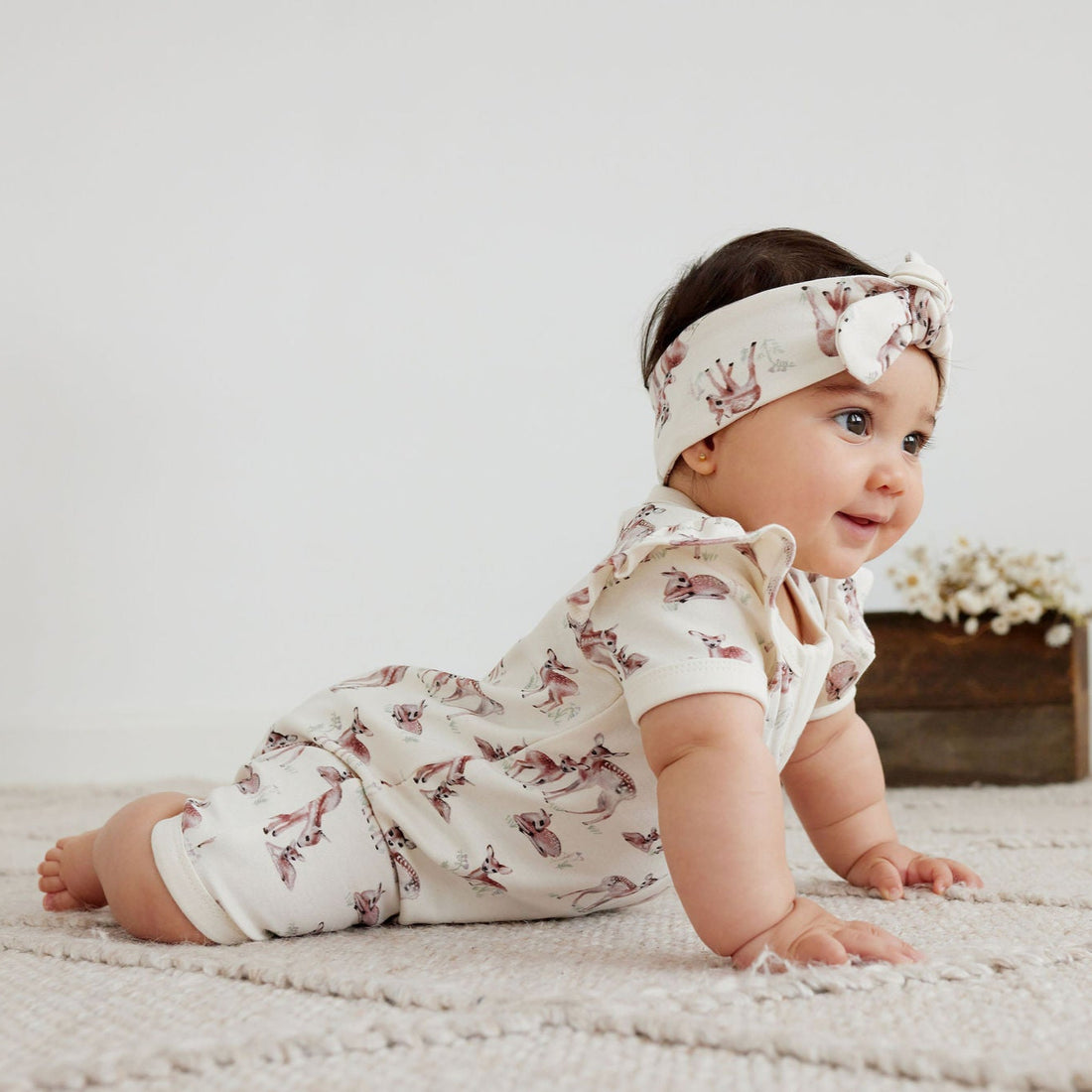 Aster & Oak Summer Short Deer Fawn Meadow Zip Romper