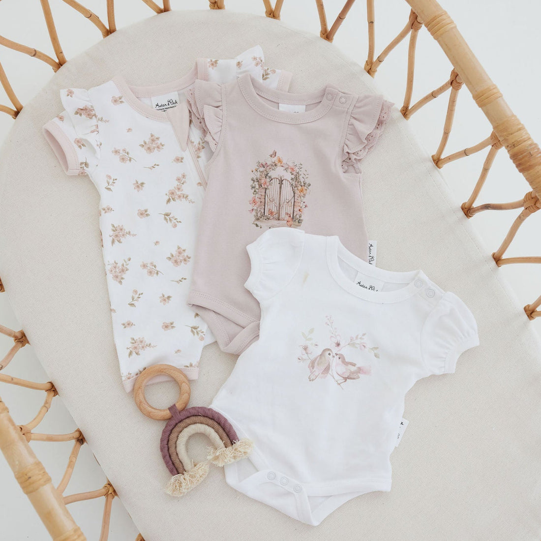 Organic Cotton Girls White Floral Blossom Print Puff Onesie Bodysuit