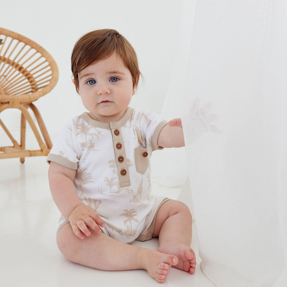 Organic Cotton Boys Boho Jungle Henley Romper - Main Image