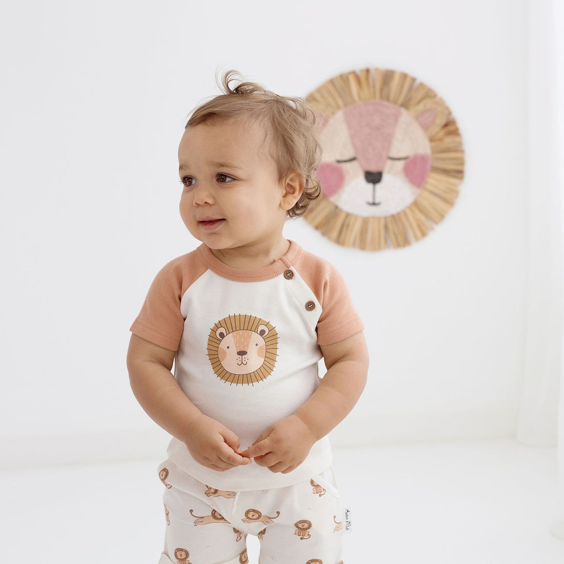 Baby Boy Kids Safari Lion Print Raglan Tee Top Natural