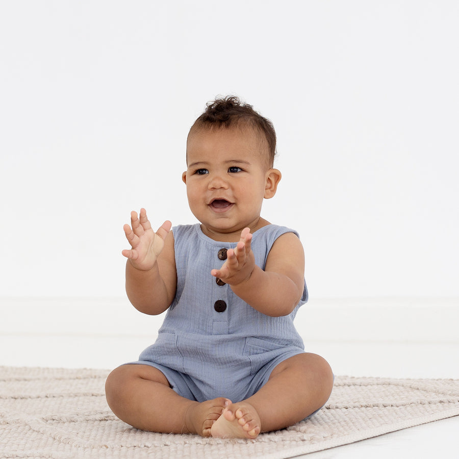 Baby Boys Blue One piece Slate Blue Muslin Romper