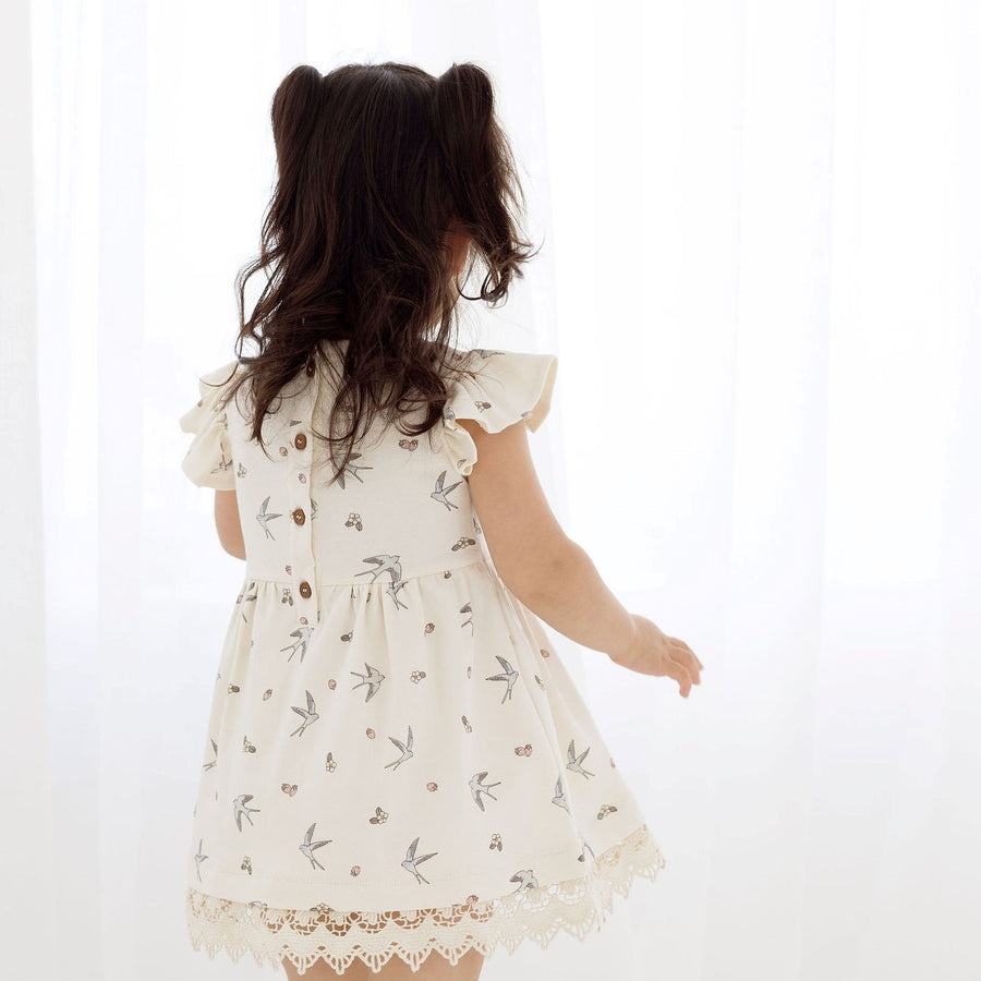 Baby Girls Bird Swallow Lace Ruffle Dress Party Natural