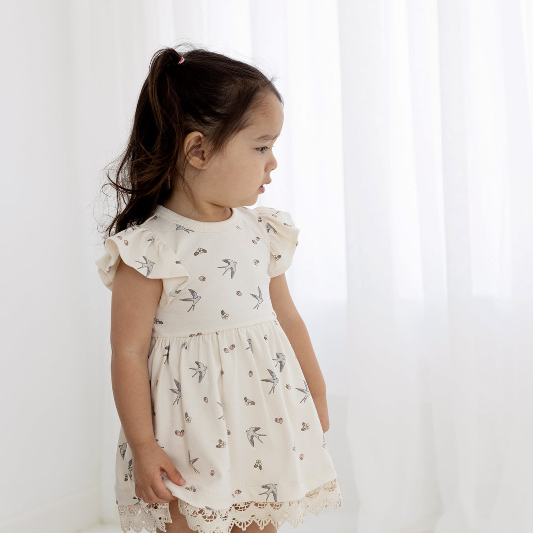 Baby Girls Bird Swallow Lace Ruffle Dress Party Natural