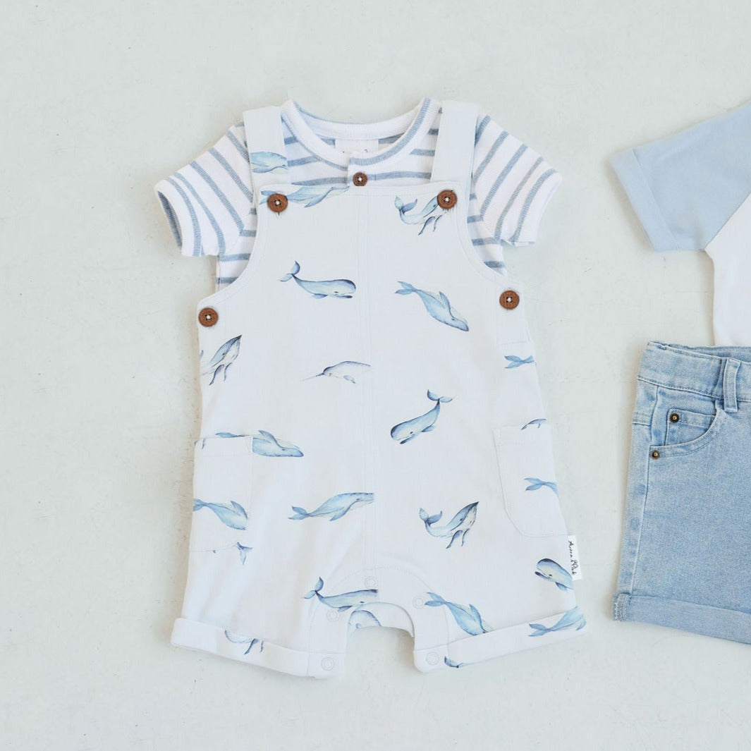 Baby outfit with romper and shorts on a light gray background