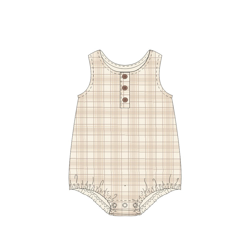 Beige Plaid Flannel Bubble Romper