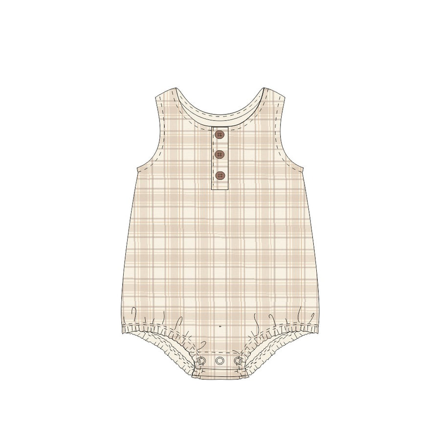 Beige Plaid Flannel Bubble Romper