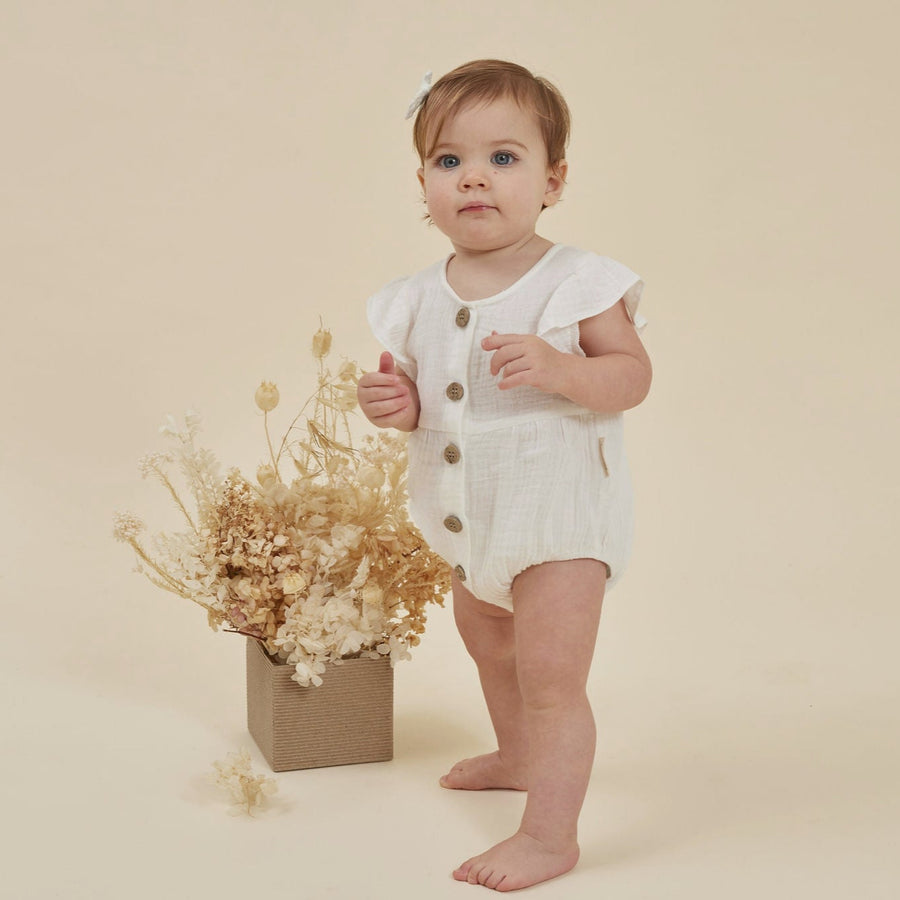 Baby Girls Boho White Muslin Bubble Romper - Main Image