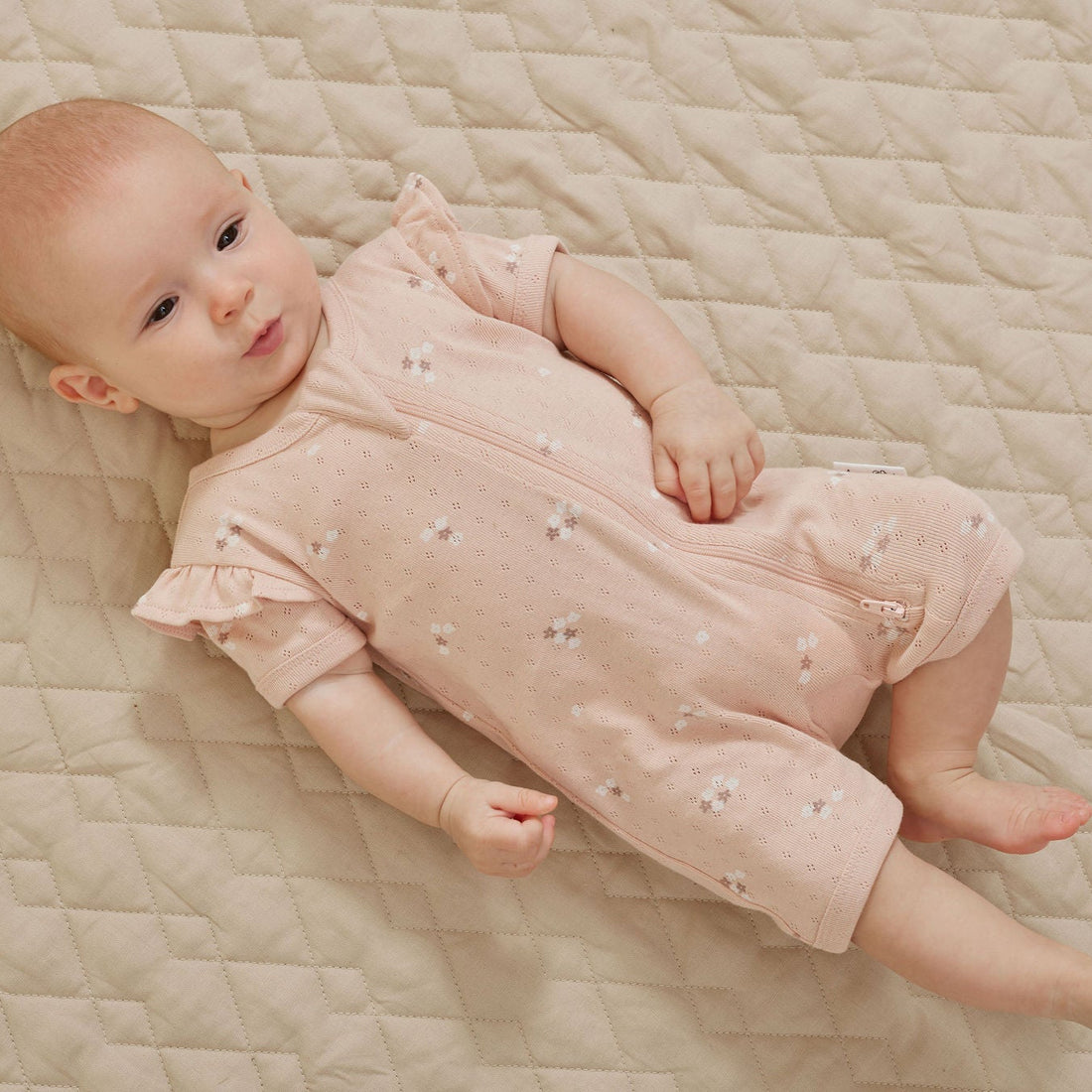 Baby Girls Pretty Flutter Sleeve Petal Pointelle Zip Romper