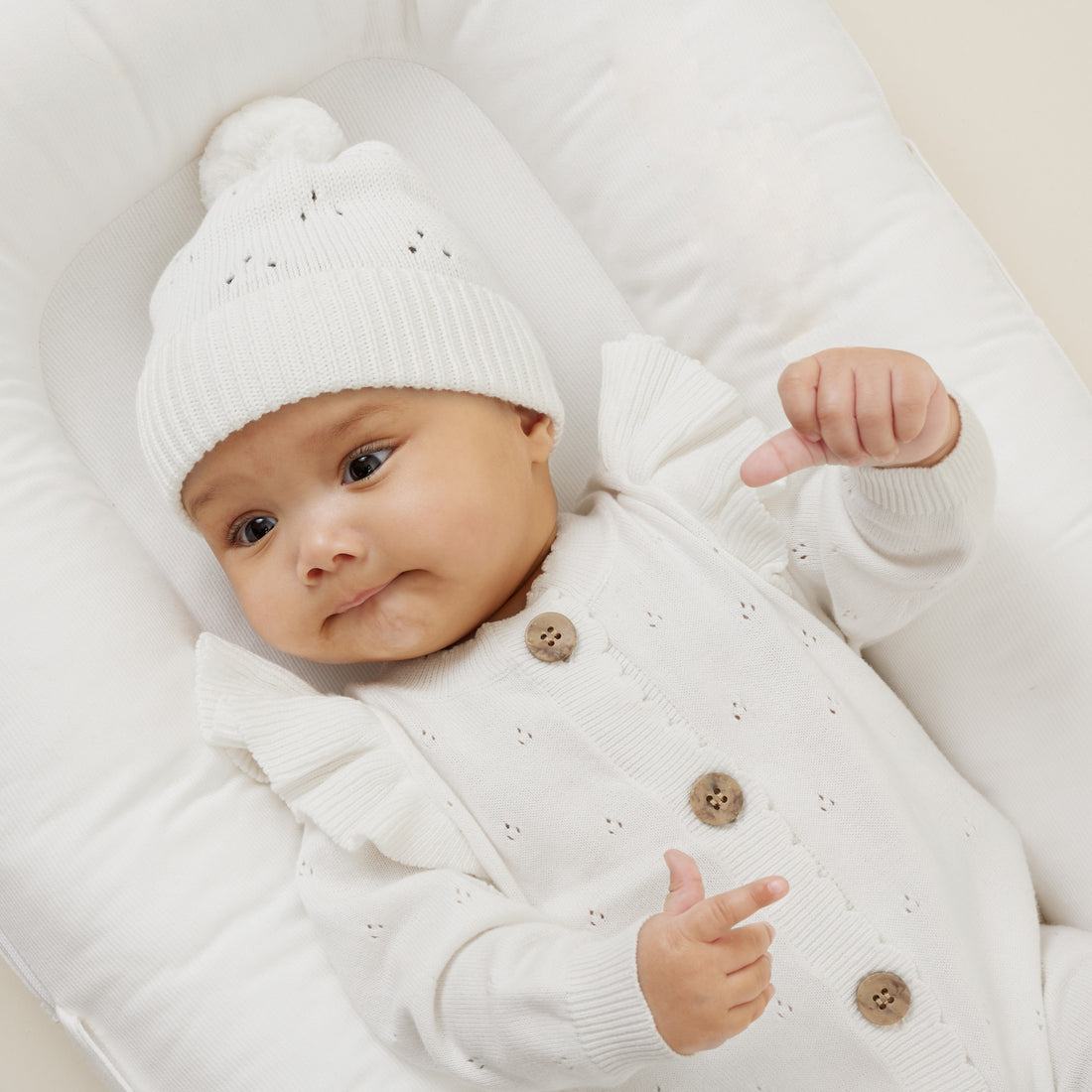 Baby Girl Ivory Pointelle Knit Beanie Pom Pom