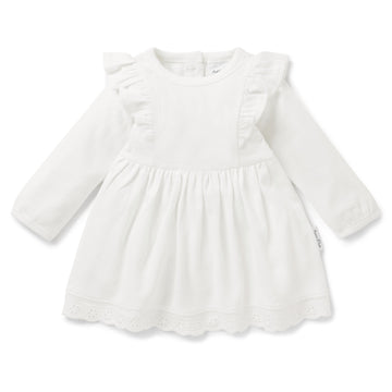 Girls White Snow Rib Ruffle Dress Lace Organic