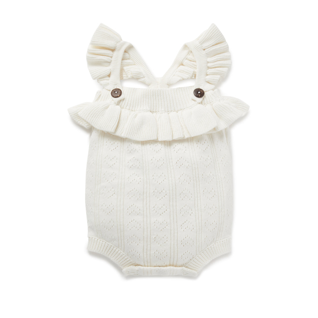 Aster & Oak Off-White Heart Knit Ruffle Romper Natural Baby Girl Pretty