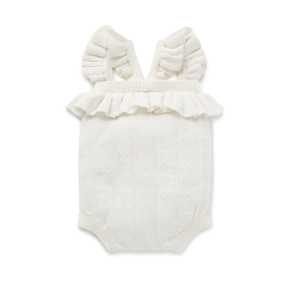 Aster & Oak Off-White Heart Knit Ruffle Romper Natural Baby Girl Pretty