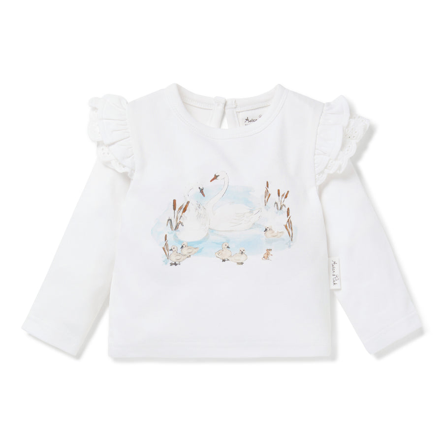 Girls Swan Print Long Sleeve Tee Kids White T-Shirt