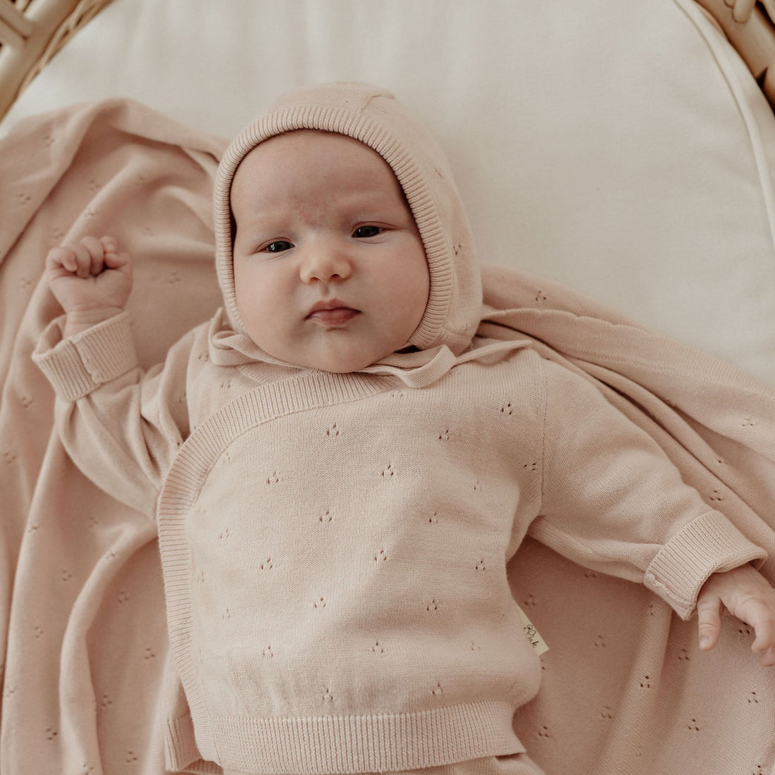 Aster & Oak Organic Heirloom Knitted 4 Piece Baby Gift Set Pink