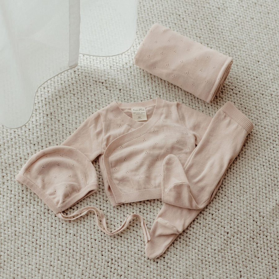 Aster & Oak Organic Heirloom Knitted 4 Piece Baby Gift Set Pink